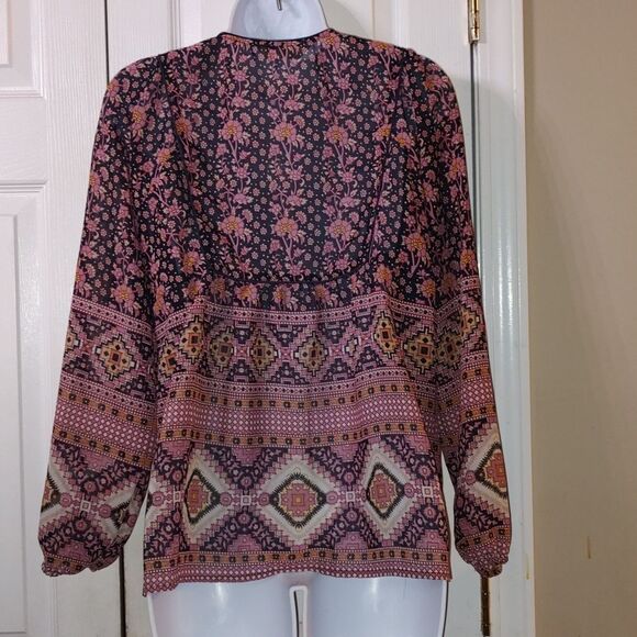 Tantrums  navy mauve boho aztec sheer style  long sleeve blouse  Sz S - Picture 5 of 7